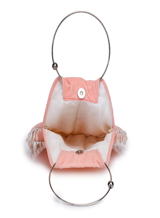 ATHZ handbag Peach Velvet Ethnic bags for Women Silver Handle Moti Latkan Embellsiment with Silver shimmer Flower - Image 5